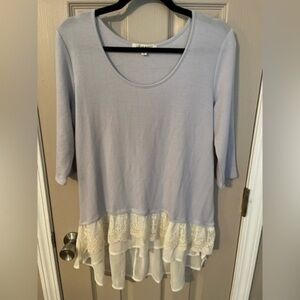 Living Doll Los Angeles scoop neck 3/4 sleeve ruffle lace trimmed tunic.